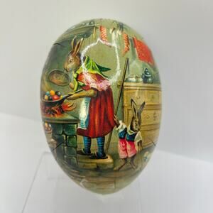 VTG Nestler German Papier mâché egg "Mother Rabbit Cooking Easter Eggs" 4.5 In